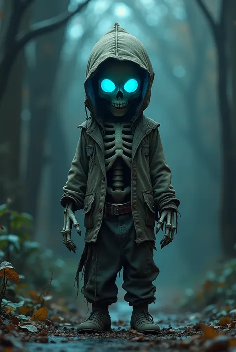 A skeleton boy in clothes and his eye glowing blue, game