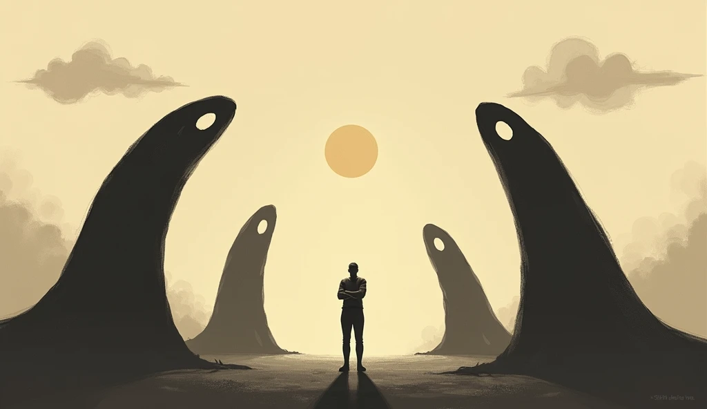 depicts a stylized, minimalist scene in sepia tones, evoking a sense of contemplation or unease. At the center, there is a silhouetted figure standing upright with arms crossed, facing slightly to the right. The figures shadow stretches long behind them, e...