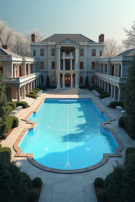 A mansion from the outside that has a swimming pool and a figure skating rink occupying as much of it as possible