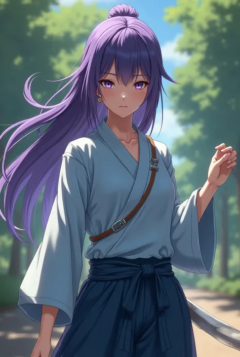  has long purple hair with white streaks that is usually tied in a simple style, often framing her face with bangs that fall down the front wearing a light blue long-sleeved top with a fairly simple yet elegant design. She wears dark blue pants that appear...