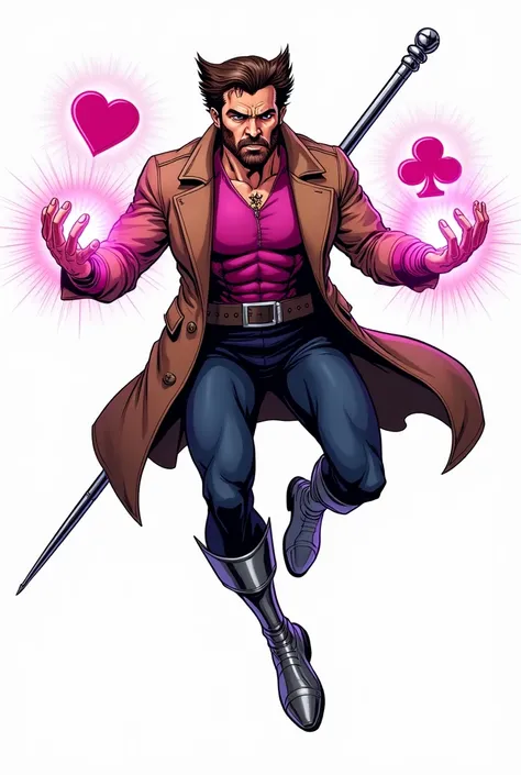 A comic book style illustration of Wolverine, a light-skinned, middle-aged male superhero. He is shown in a dynamic action pose, mid-air, launching three glowing, energy cards, in different suits of cards (heart, diamond, club).  He wears a brown trench co...