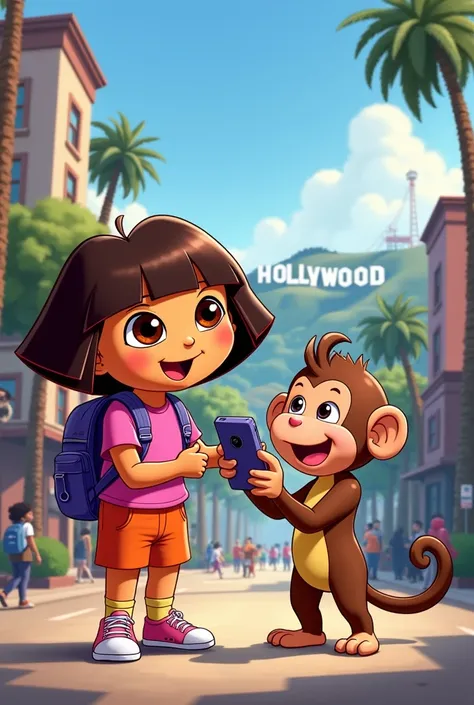 make a picture of Dora the Explorer with a monkey taking a selfie in Hollywood 