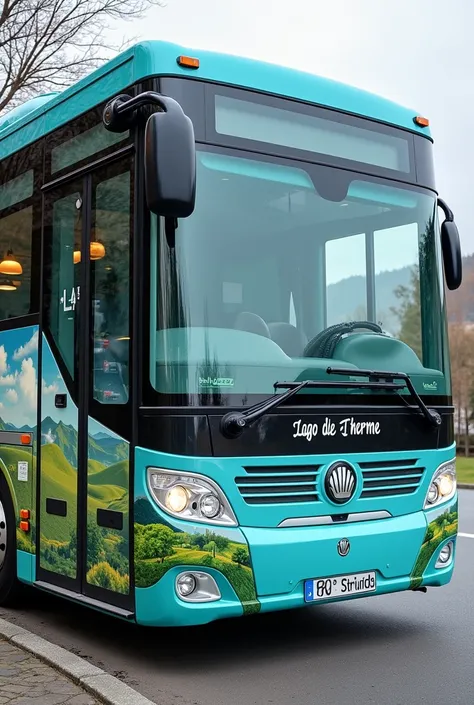 Create a picture of a public bus that promotes LAGO die Therme 