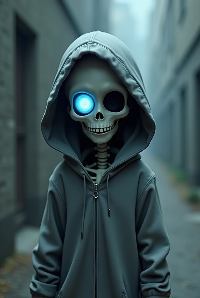 A skeleton boy in clothes and his eye glowing blue, gray hooded coat (Animation)