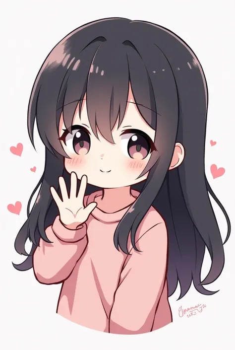 Twitch emote of a kawaii ,  girl with long black hair and a waving hand