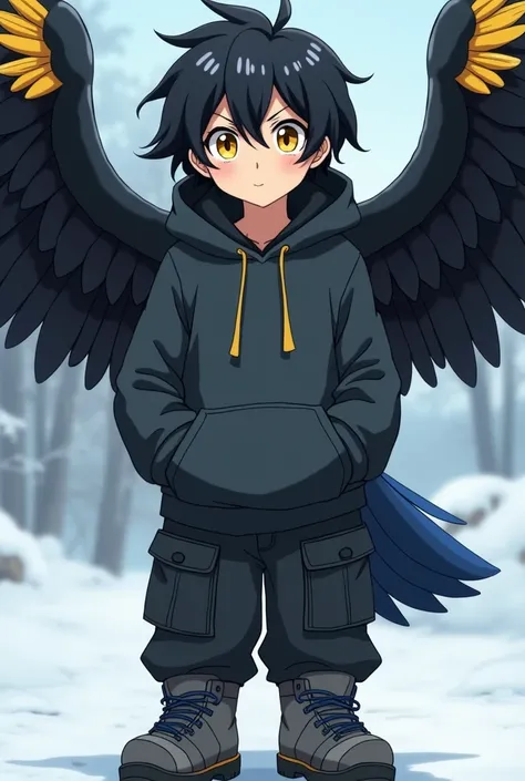 Close-up A boy in anime,  hybrid, with toucan features. Her black hair, long and wavy that frames his round face. his eyes, in a dull yellow, they have a warm and enigmatic glow.  Her skin is clear and soft . He is smaller than other ren of his age, but hi...