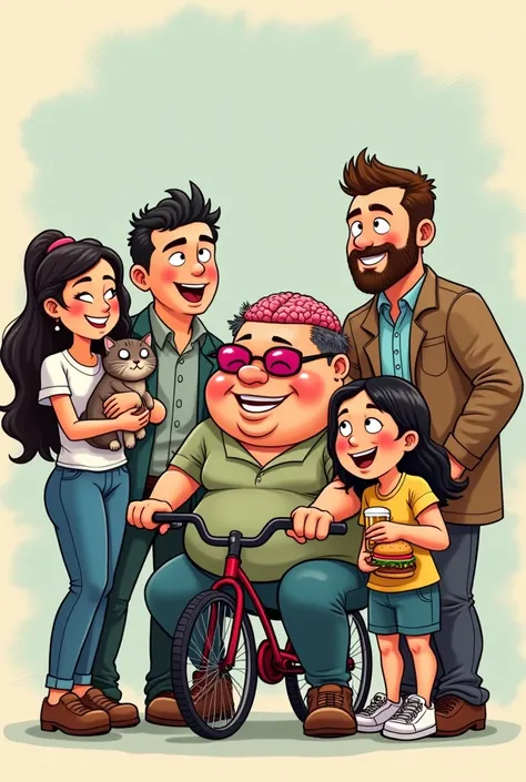 A funny cartoon of work colleage of 6 people: a filipinian man on a TOTORO custome hugging a beatifull filipinian woman, a tall uruguayan man hugging a little cat, an uruguayan hoologan man drinking beer, a half british half asian old man riding a bike eat...