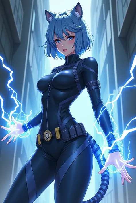  woman ,middle aged,electrical forces,white tiger ears,white tiger tail,anime stylization ,blue hair ,military closewear