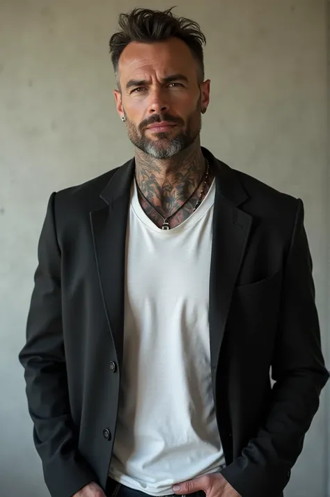  Mature man, 35 years old, Skinny tall unmuscular ,  tattoo on arms and neck , stubble,  conveys authority dominance ,  smile enchanted and dominating without showing teeth, sexy,  white t-shirt and long coat, hair tidy.