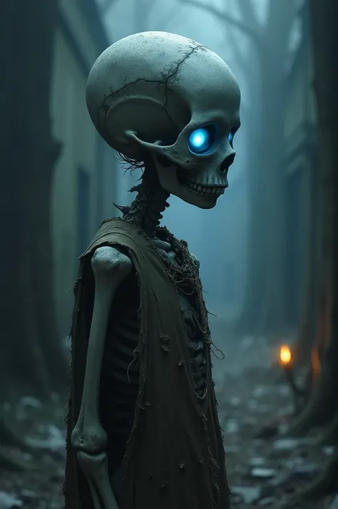 A skeleton boy in clothes and his eye glowing blue 