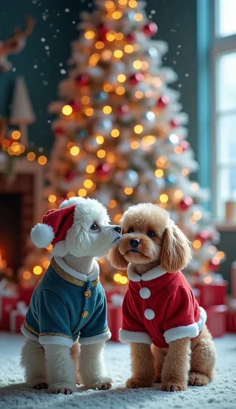 Photorealistic, HDR, full views,Lots of cute little Poodle dogs in dressed as Santa Claus, many colors such as white, blue, pink, red, yellow, blue, gray, black, forming giant a Christmas tree.Beautiful christmas room, snow falling
