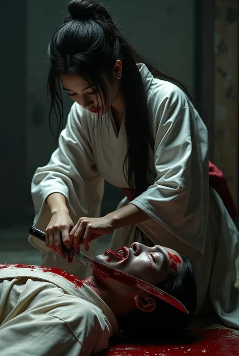 Hight quality, realistic, very beautiful woman japanese, woman kimono, woman Delta force, woman cut throat male by knife, male lying down, woman slices male neck, woman slaughters a male, Blood was flowing profusely down the male neck and the girl continue...