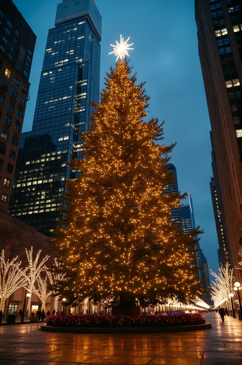  The Christmas tree remains in the foreground , with its bright lights ,  but now surrounded by the skyscrapers of Manhattan .  Maybe Central Park is visible in the background ,  with more Christmas lights scattered across the streets of New York , complet...