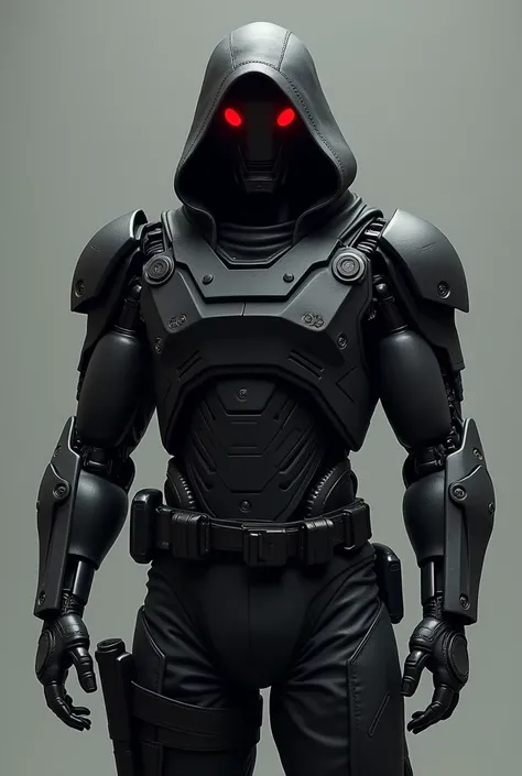 *Im a robot  ,  Im wearing thick armor and iron muscles , height 2 meters.  Im wearing all-black tactical gear , Im hooded .  3 robo-eyes glow bright red from under the hood.  I have a pistol holster on my belt .  I speak in a harsh robotic voice *