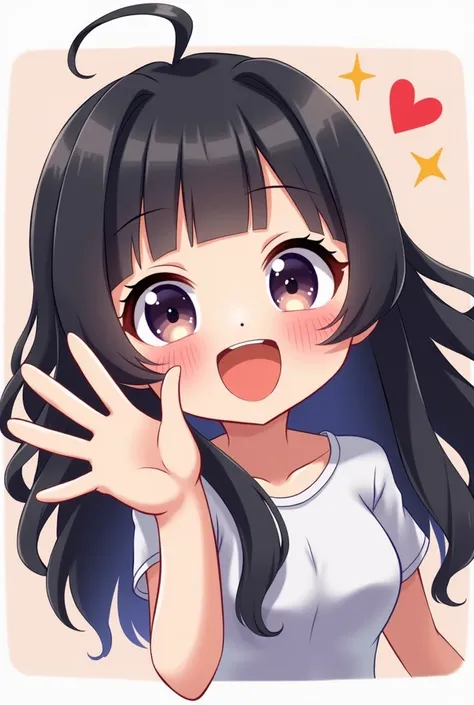 Twitch emote of a kawaii , with long black hair, No bangs on the forehead and hand waving,  head only ,  must be excited, Chibi mode 