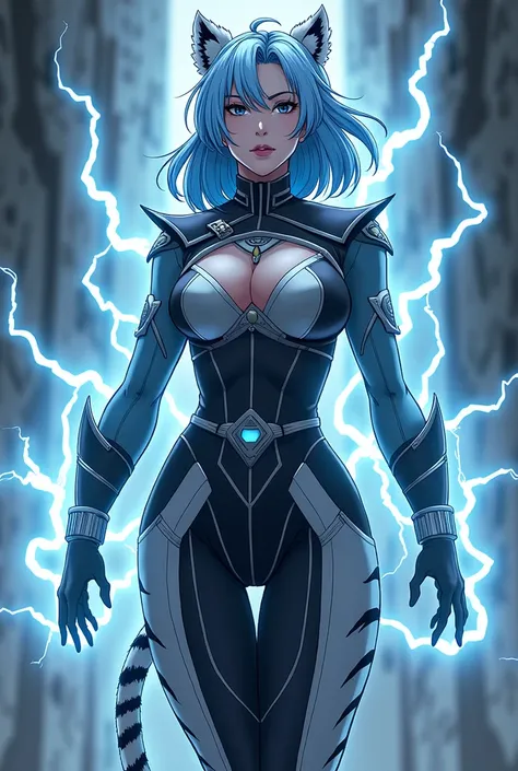  woman ,middle aged,electrical forces,white tiger ears,white tiger tail,anime stylization ,blue hair ,military closewear