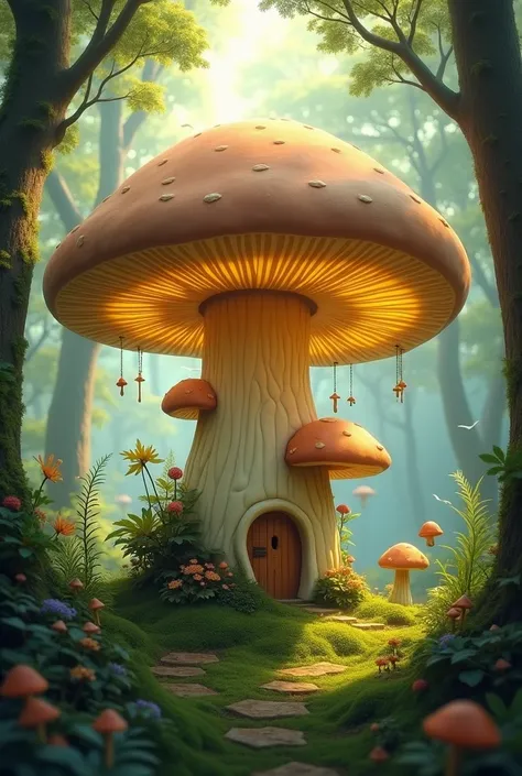 A house in the form of a mushroom in the forest that emits yellow light