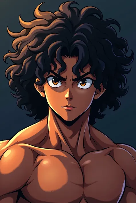 A dark-skinned young man, long and muscular curly hair in anime