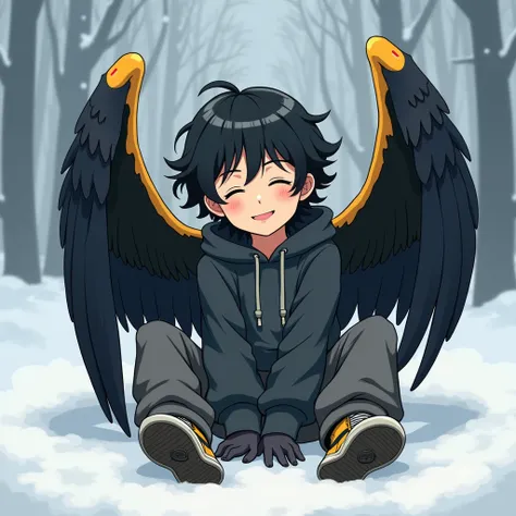 limelight, A boy in anime ,  hybrid, with toucan features. Her black hair, long and wavy that frames his round face. his eyes, in a dull yellow, they have a warm and enigmatic glow.  Her skin is clear and soft . He is smaller than other ren of his age, but...