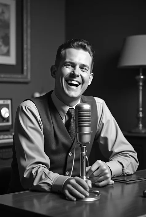 Radio announcer laughing at a joke he made to all the inhabitants of the country in 1938 in black and white