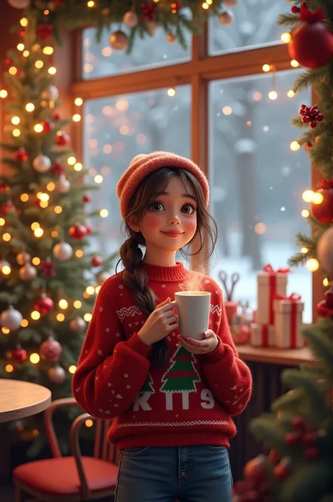 A cozy café during Christmas with warm lights and decorations. A cheerful young person holding a cup of coffee, smiling warmly, wearing a festive sweater, surrounded by holiday vibes. Snow gently falling outside the window."
