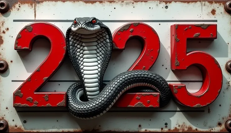  is displayed in bold, glossy red 3D numbers with a black and white photo of a snake in two projections in full face and profile as in a police station with a Mug background Shot prison background,  in front of the snake A plate with metal edges ,  on whic...