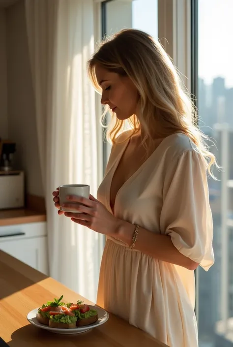 Time : 8:00 a.m.
Place :  Modern kitchen with city views .  The suns rays gently come in through the windows .
actions:

 Jessica wakes up ,  stretches out in bed with morning pleasure .  She gets up and gently wears a light dress.
 She has a cup of coffee...