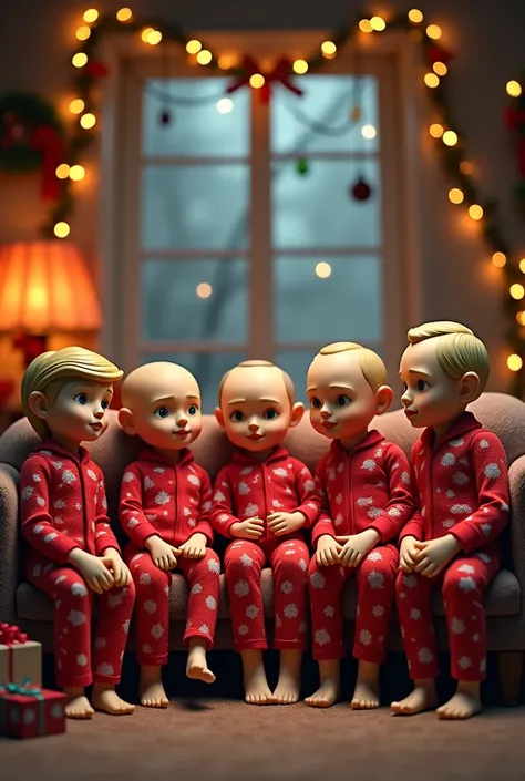 Trump, Putin, Andrzej Duda, Rafał Trzaskowski, Szymon Hołownia and Jarosław Kaczyński sitting on the couch, with christmas things around. All are in christmas pyjama