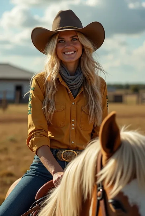  35 year old woman.  with long frizzy hair . blonde.  green eyes.  with a charming smile.  riding on a sheepskin horse with gold accessories. on a ranch. with cowboy hat. With gloves on my hands.  wearing a mustard denim shirt .  with golden buttons . con ...