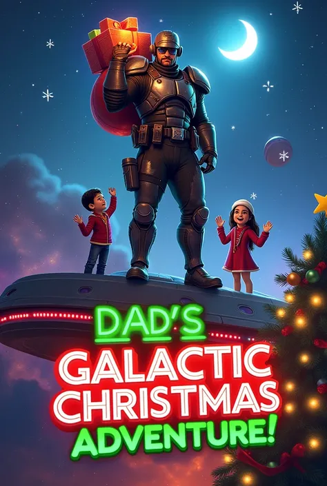 A heroic bounty hunter in futuristic armor, holding a glowing sack of presents over one shoulder, standing on the roof of a spaceship decorated with colorful holiday lights. In the background, a vibrant galaxy with twinkling stars, a glowing crescent moon,...