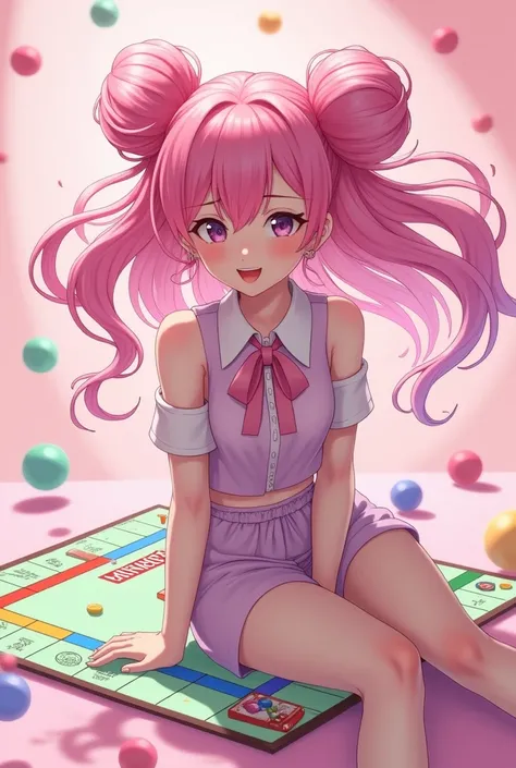 Anime female, adult, anime, pink hair buns, bubblegum, pink background, monopoly pieces, bubblegum