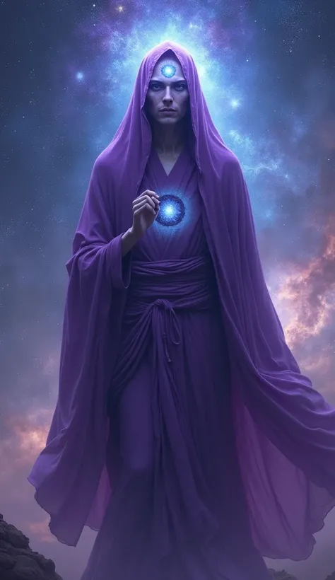 A depiction of a Sirius extraterrestrial being, featuring a tall, humanoid figure with radiant, otherworldly features. The being wears a flowing violet robe resembling a monks attire, with a hood covering part of the head, exuding an aura of wisdom and ser...