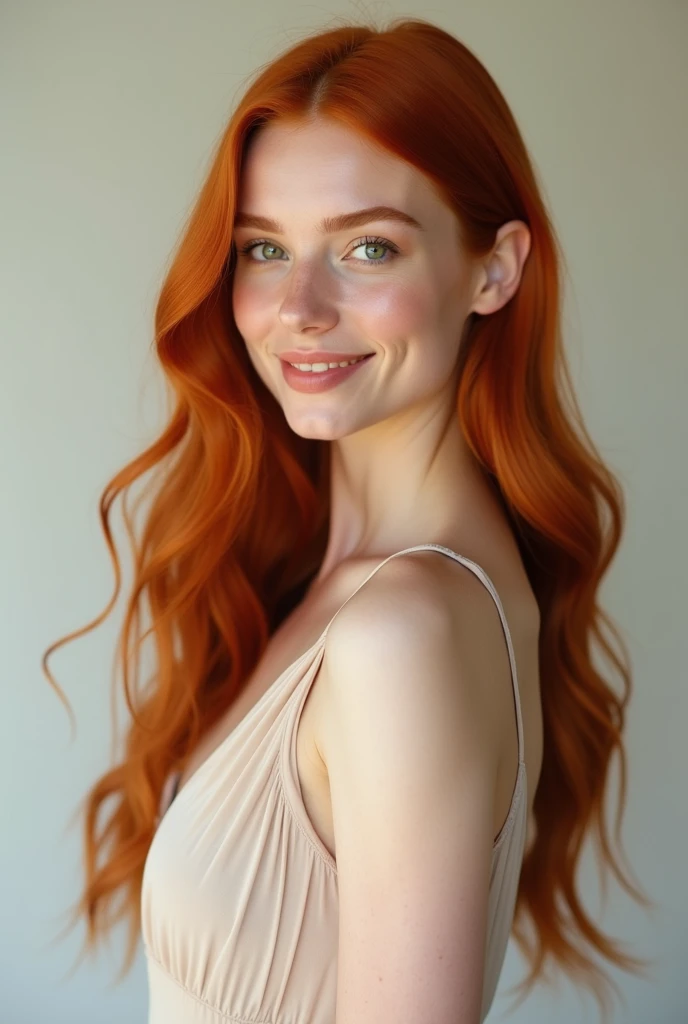 "Create a full-body portrait of a beautiful woman with fiery red hair, flowing down in soft, natural waves. Her skin is fair and flawless, glowing like porcelain. She has a graceful, slender figure, standing confidently yet elegantly. Her bright green or h...