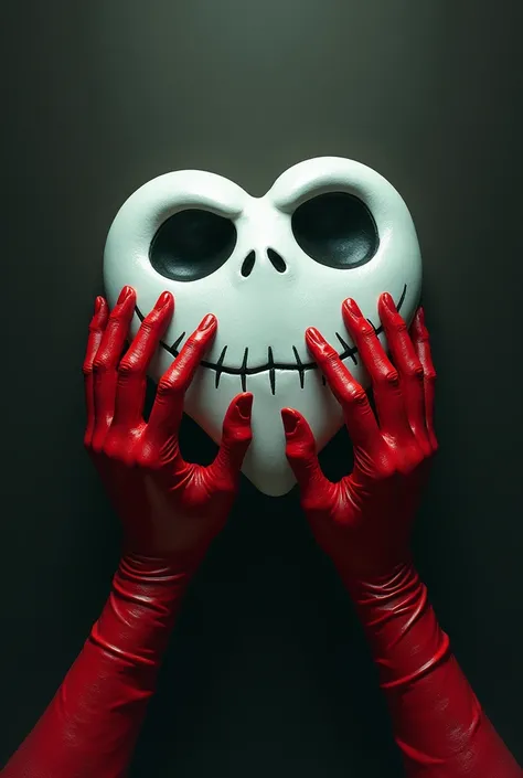 Des malns avec des gants rouge en train de petrire un coeur blanc ressemblant au visage de jack skellington 