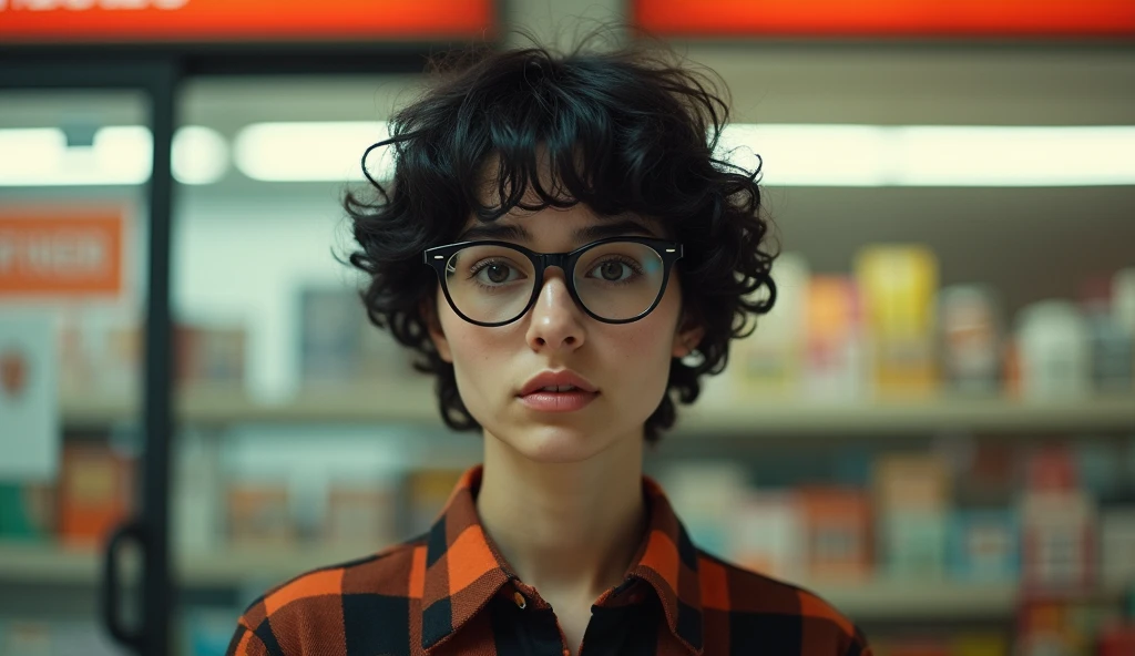 a young woman of 20 years old.  She has short curly black Chanel-style hair .  She wears a black and orange plaid shirt with the buttons closed.  She wears big round nerd glasses .  She has big eyebrows and eyes ,  flattened and pulled at the corners ,  a ...