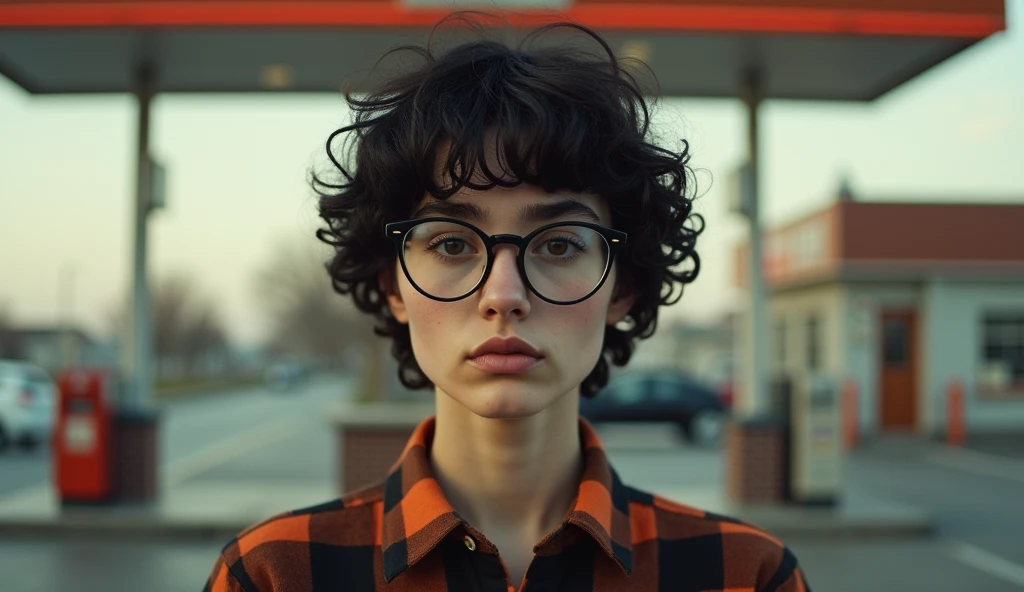 a young woman of 20 years old.  She has short curly black Chanel-style hair .  She wears a black and orange plaid shirt with the buttons closed.  She wears big round nerd glasses .  She has big eyebrows and eyes ,  flattened and pulled at the corners ,  a ...