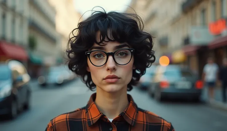 a young woman of 20 years old.  She has short curly black Chanel-style hair .  She wears a black and orange plaid shirt with the buttons closed.  She wears big round nerd glasses .  She has big eyebrows and eyes ,  flattened and pulled at the corners ,  a ...