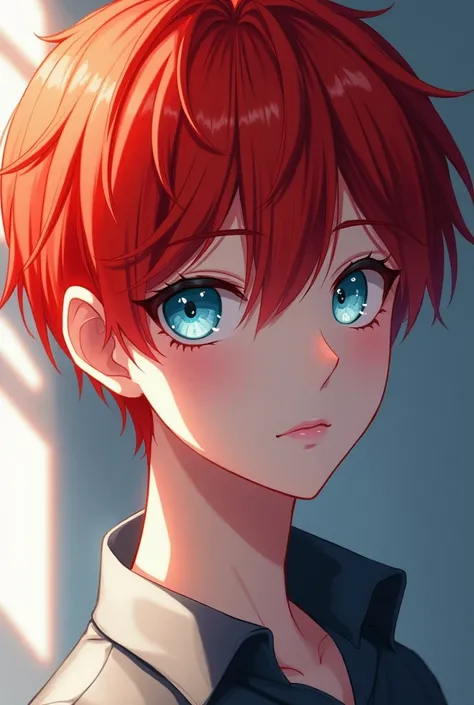 Adult boy with bright red hair, icy blue eyes, bright skin, anime 