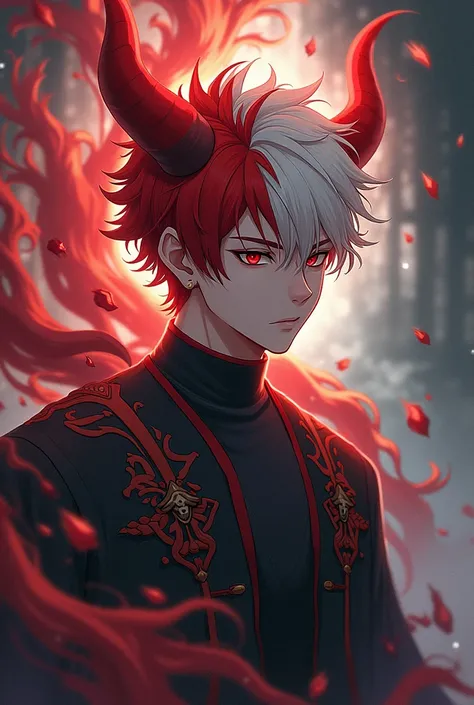 Generate for me a young man with a chin and red and white hair with a demon locked in him in anime mode