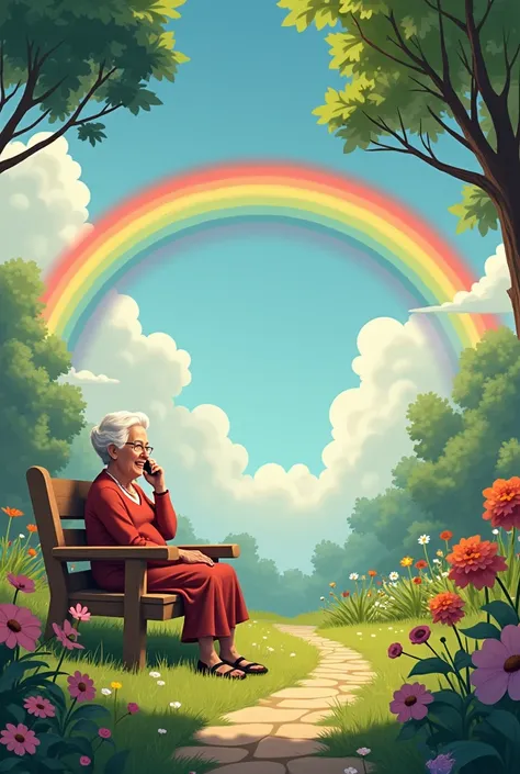 Pictures of a garden with a bench where the grandmother sits and talks on the phone with her grandchildren and a rainbow appears in the view 