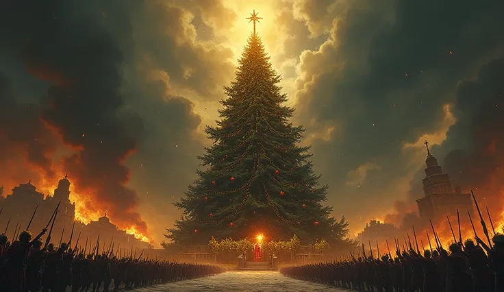  Create a dark and powerful illustration depicting Christmas as a symbol of historical oppression . in the center,  a giant Christmas tree decorated with crosses and blood ,  gifts adorned with chains ,  and a shining star that recalls an imperial crown at...