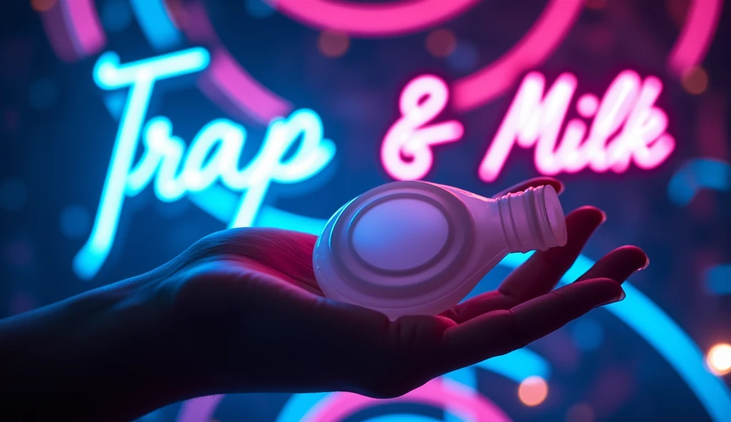  holding a small white plastic breast pump in your hand with a white silicone cap "Song「trap & MILK; Vibrant,  expresses an enchanting nightlife through abstract neon images . This scene、 enjoying an energetic ,  futuristic night scene with swirling light ...