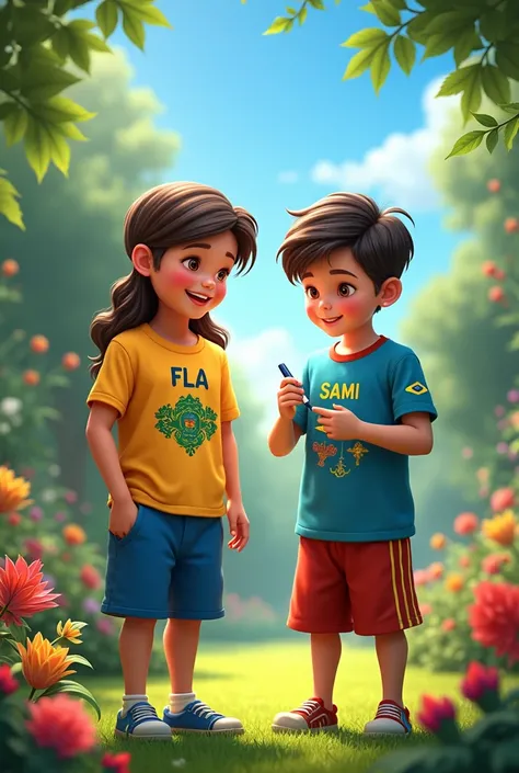 Create me a picture  of Christmas of girl wearing Brazilian t shirt writing in it Fla name and boy wearing Moroccan t shirt writing in it Sami name in garden 