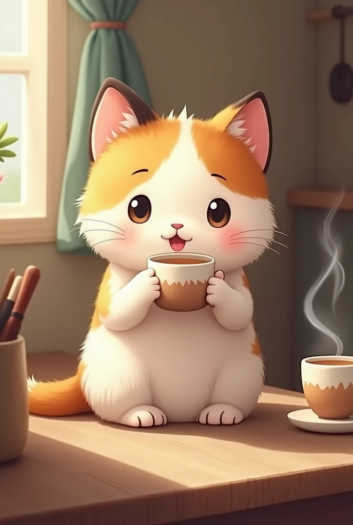 Calico cat drinks chibi 