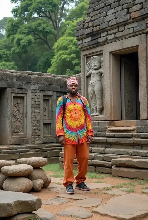 A captivating image of an individual standing beside an ancient archaeological site, showcasing a historic stone relief depicting a winged figure, reflecting the intricate and detailed craftsmanship of an ancient culture. In the foreground, there are arran...