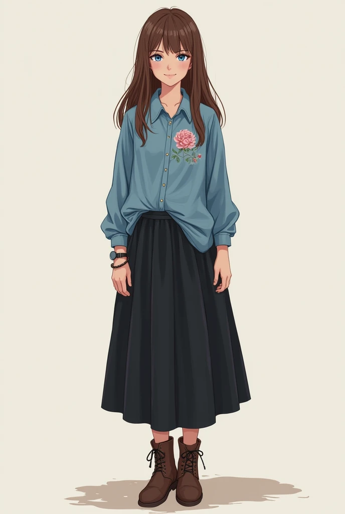 a young brunette woman with long hair and blue eyes. He wore a blue shirt with a rose print , Black skirt, dnt make too skinny make medium body and brown boots using a realistic and minimalist theme
