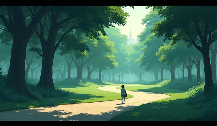 The Ghibli-style image shows an environment of moody park, wide shot