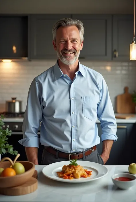 Here is the avatar of a 50-year-old American man representing your recipe brand. In front of him is a delicious plate,He appears professional and approachable in a modern kitchen setting.

