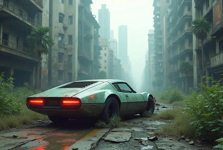 no people.
 background: abandoned city
Foreground :  post-apocalyptic cyberpunk car