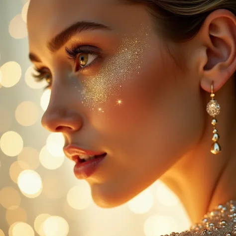 A close-up of a woman with a stunningly beautiful face, featuring an elegant hairstyle and visible down to her shoulders. Her skin glows with golden highlights and radiant sparkles across her face, enhancing her beauty. The background is an opulent white w...